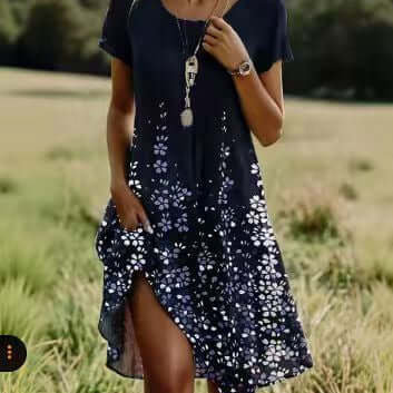 Printed Dress For Woman Elegant worn outdoors with floral design and mid-length skirt in a field.