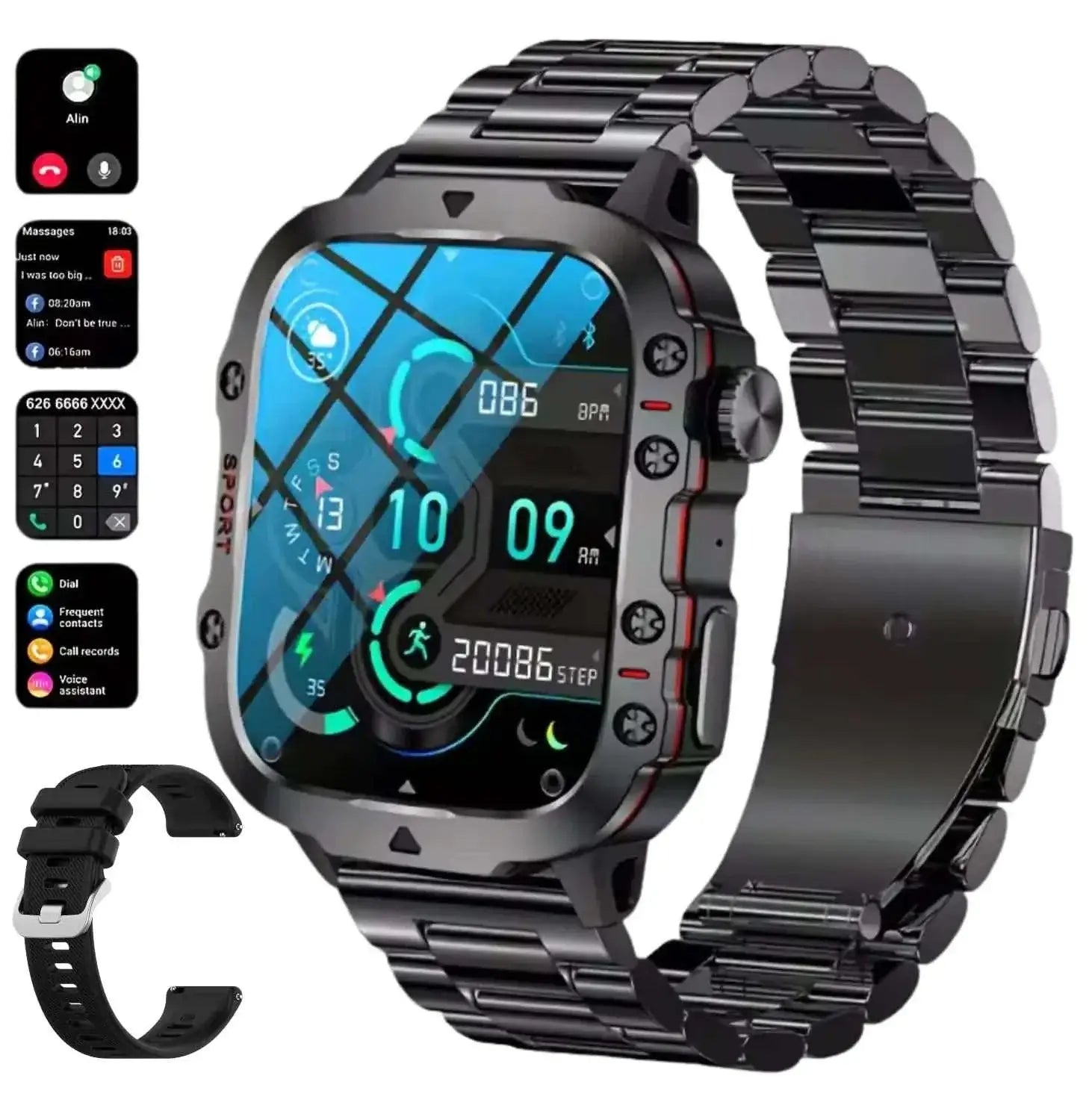 Montre intelligente pour hommes avec écran tactile 1.96", 100+ modes sportifs, et IP68, fitness et communication.