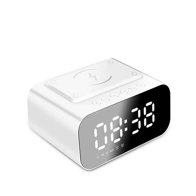 Wireless Charging Bluetooth Speaker Clock Led Alarm Clock Audio Wireless Charging Bluetooth Speaker in white color displaying time.