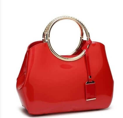 Sexy Women Ladies Party Hand Wedding Bags in glossy red with gold accents, stylish and chic for any occasion.