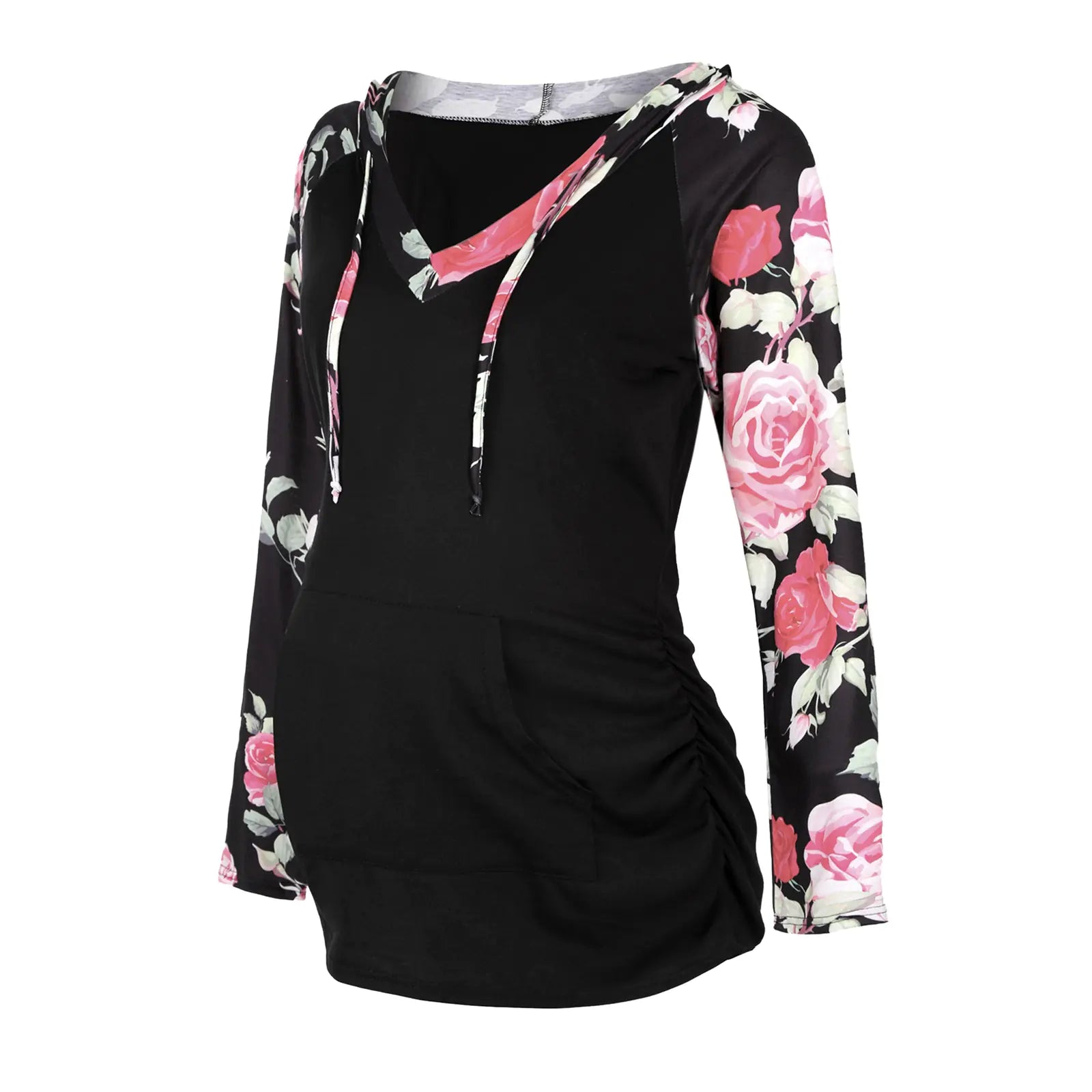 Color-blocking long-sleeved hooded nursing jacket with floral sleeves, perfect for autumn and winter breastfeeding.