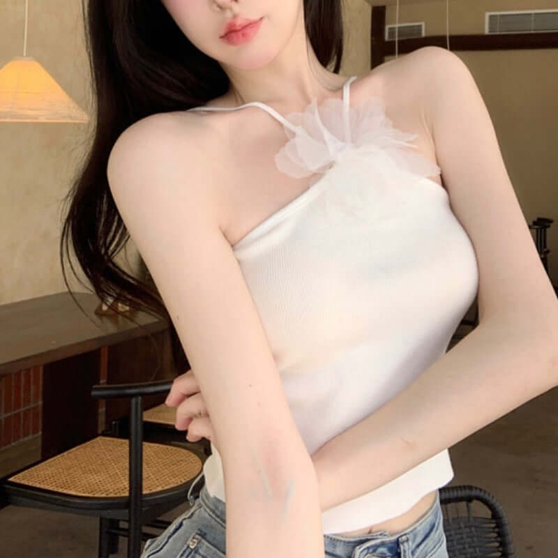 Temperament Halter Knit Camisole Woman in white, slim-fit, stylish design with a delicate tulle detail.