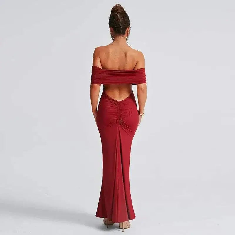 Socialite Style Elegant Sexy Backless Off-shoulder Dress for Women in red, showcasing a figure-hugging silhouette and daring backless design.