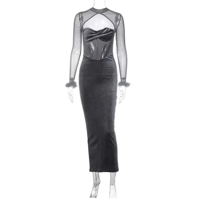 Women's Plush Mesh Hollow Stitching Sexy Dress Mbshop