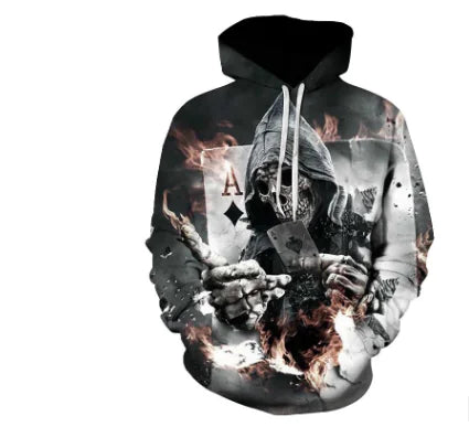 3D printed loose fit hoodie with hood featuring a bold graphic design and warm, stylish aesthetics.