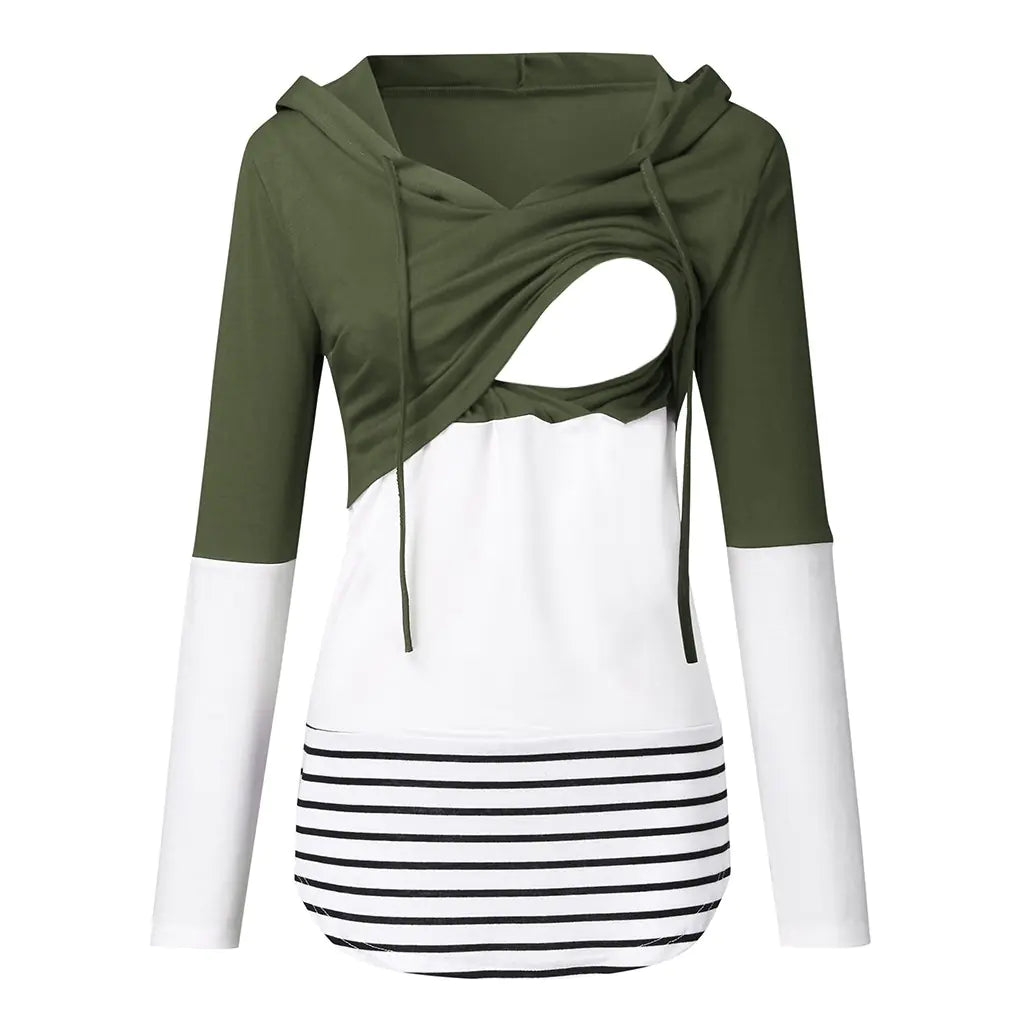 Color-blocking long-sleeved hooded nursing jacket in green and white with striped bottom, perfect for autumn and winter.