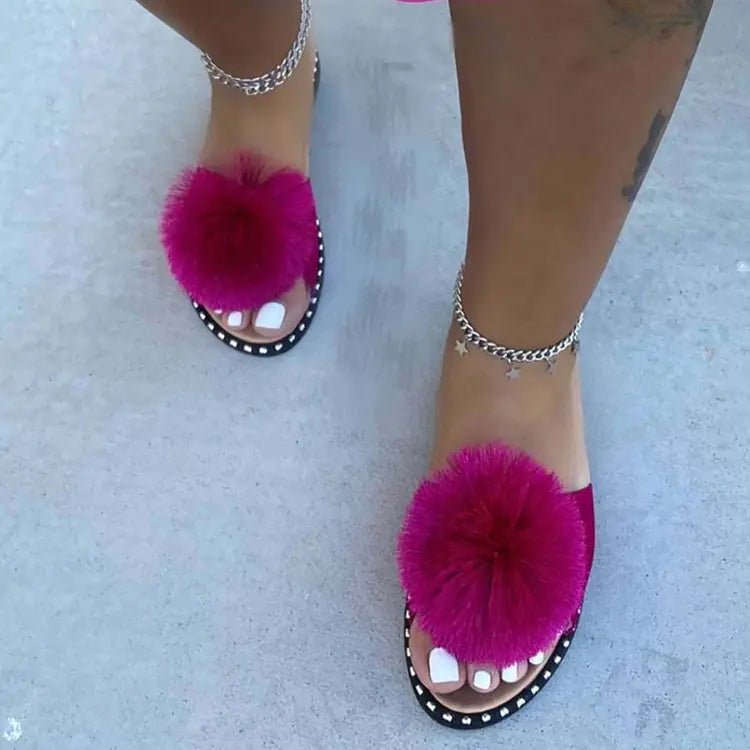 Women's Summer Casual Flat-Soled Fur Ball Slippers