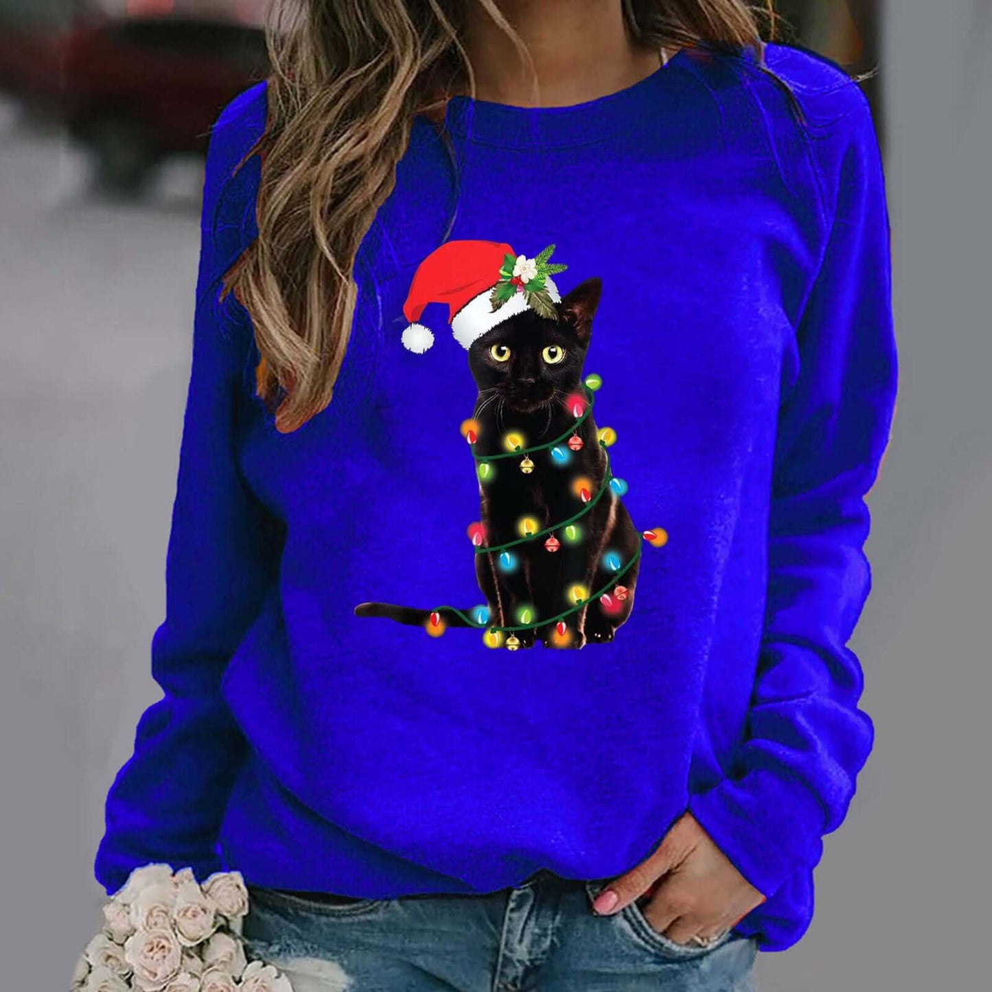 Women's Christmas Print Long Sleeve Sweater – Slim Fit Pullover