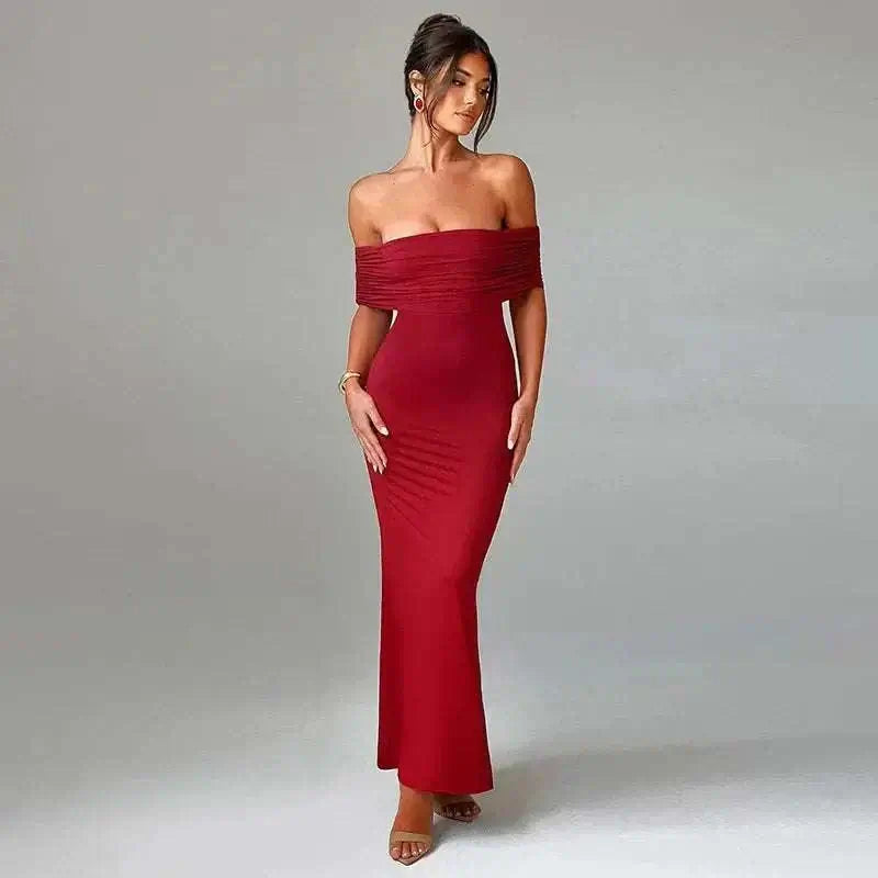 Elegant red backless off-shoulder dress for women, featuring a figure-hugging silhouette ideal for special occasions.