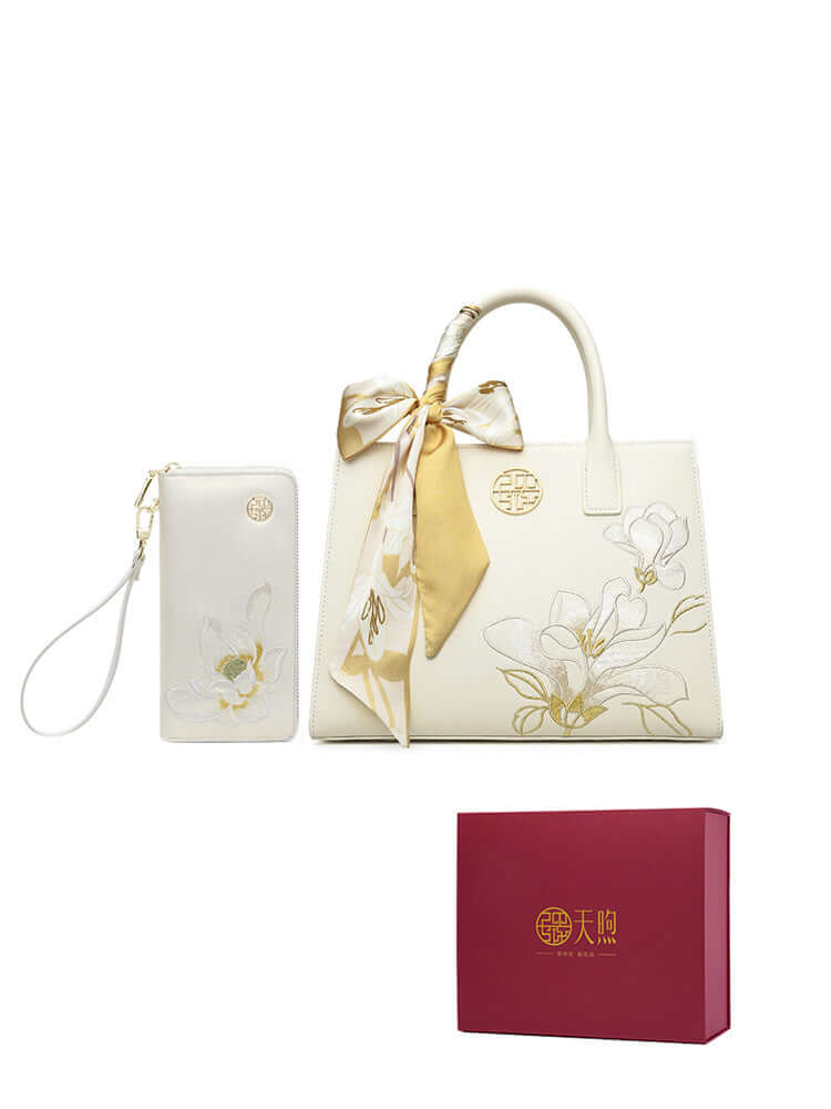 Elegant pearl cowhide handbag set with matching wallet and gift box, perfect for stylish gifting.