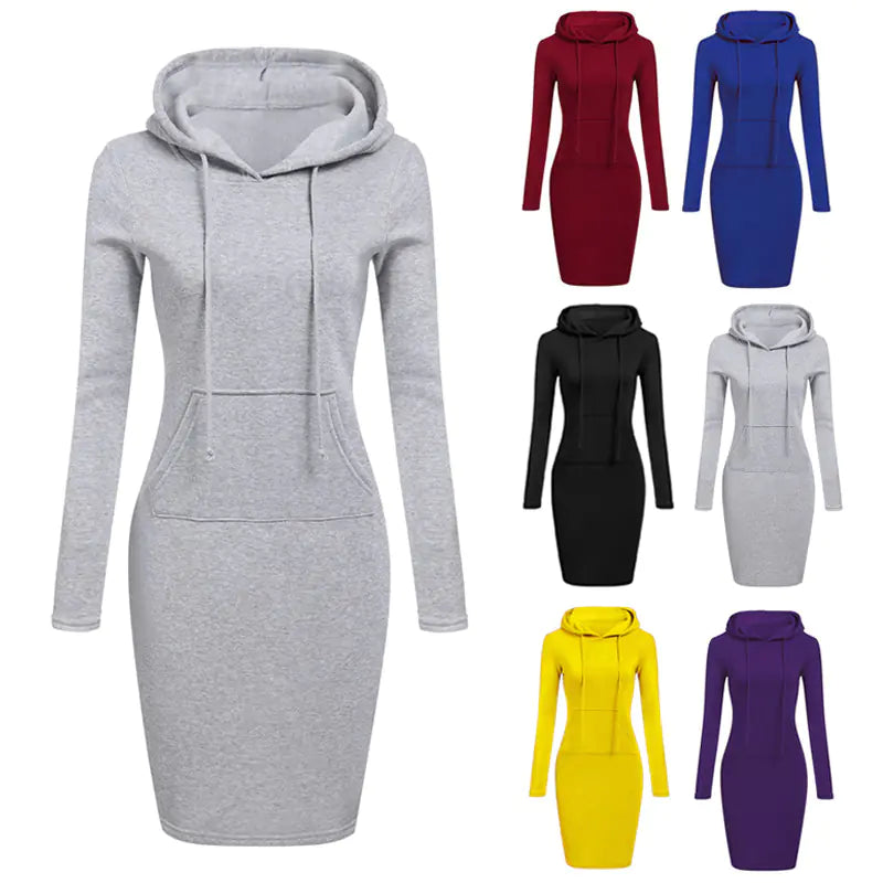 Autumn winter women's hoodie dress with pockets in gray, burgundy, blue, black, purple, and yellow colors.
