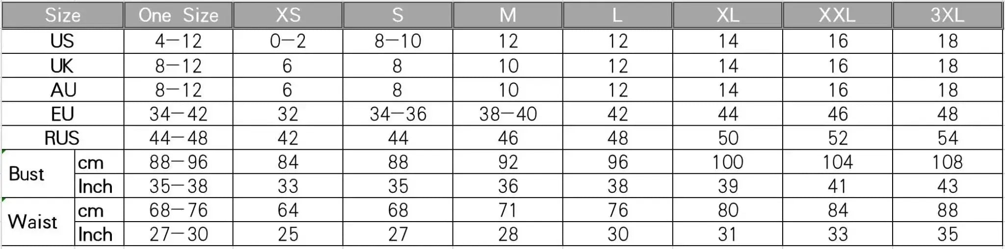 Size chart for Glamaker sexy striped midi bodycon dress, showing international size conversions and bust/waist measurements in cm and inches.