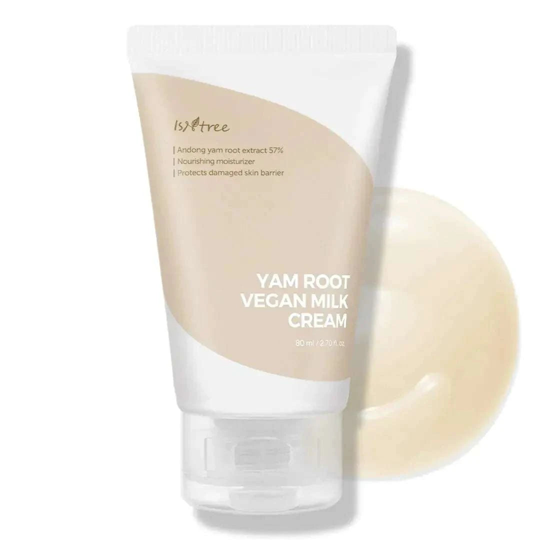 IsNtree Yam Root Vegan Milk Cream 80ml tube with creamy texture for dry, sensitive skin; nourishing Korean skincare.