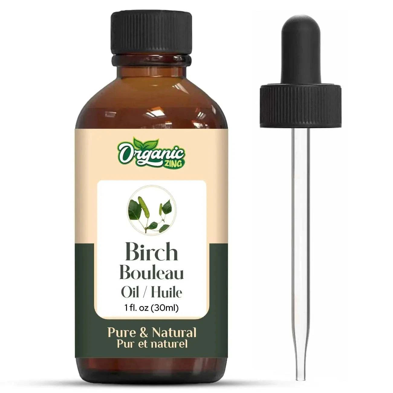 Organic Zing Birch essential oil bottle with a dropper, packaged in amber glass for skincare and aromatherapy.
