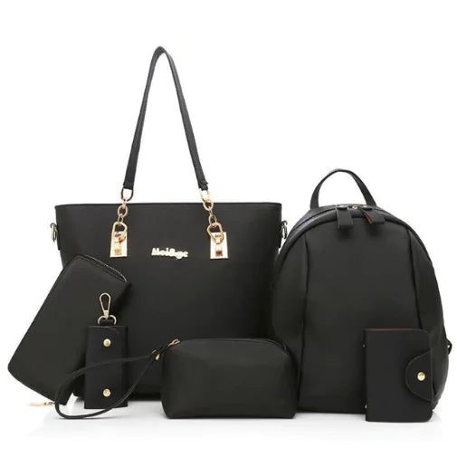 Nylon Tote Bag Set featuring a large tote, backpack, wallet, cosmetic pouch, and cardholder in stylish black.