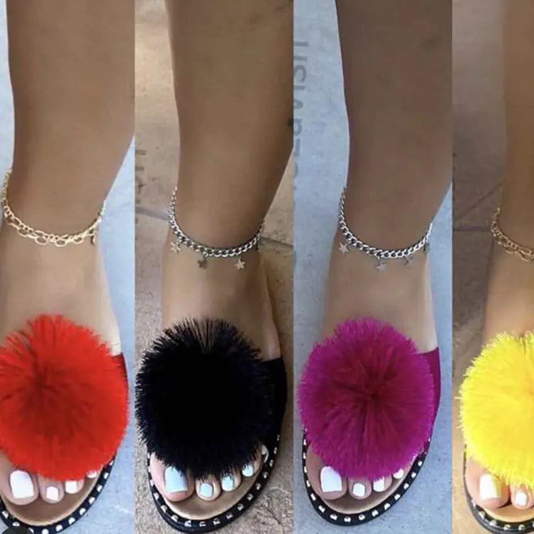 Women's Summer Casual Flat-Soled Fur Ball Slippers