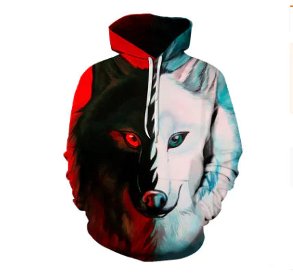 3D printed loose fit hoodie featuring wolf designs in red and blue, ideal for comfort and style.