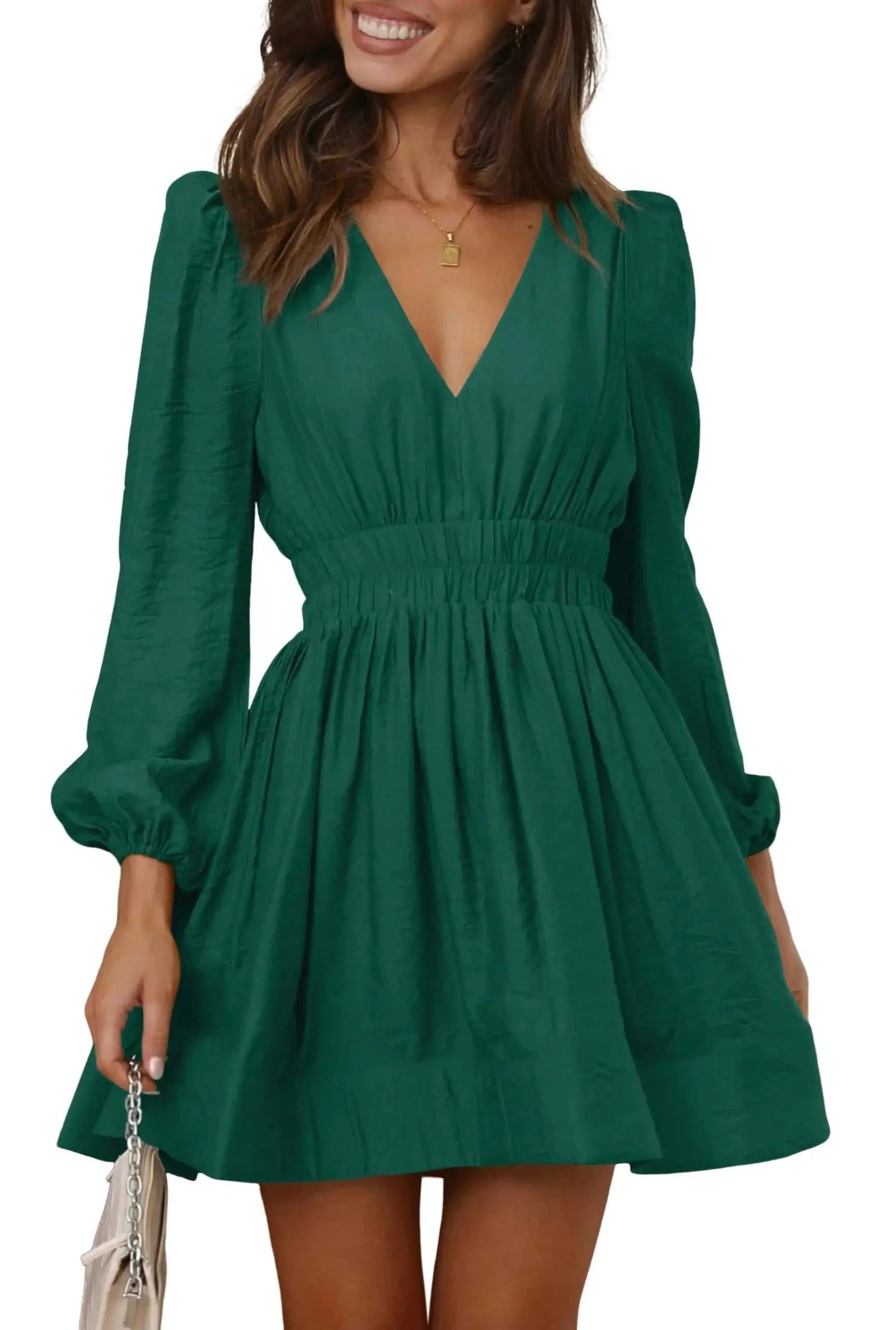 BWQ Women Mini Dress Long Sleeve Deep V Sexy Dress A-line Elastic High Waisted Casual Flowy Dress Dark Green Small Mbshop