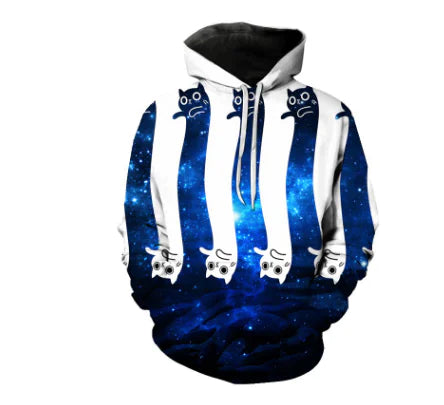 3D printed loose fit hoodie featuring a unique galaxy design with playful cat graphics, perfect for stylish casual wear.