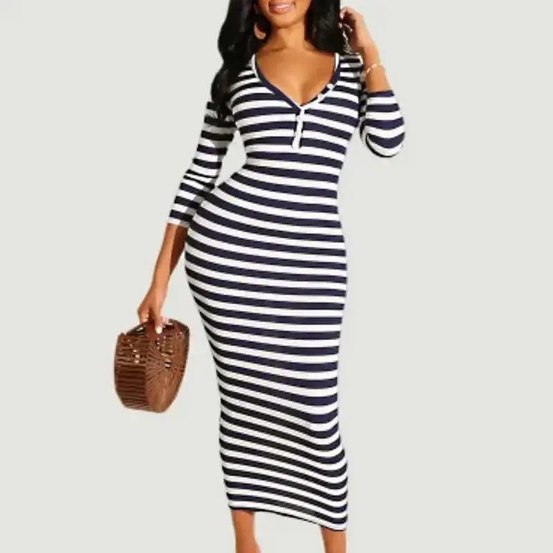 Sexy striped midi bodycon dress for women in autumn, full sleeves, O-neck, ankle-length.