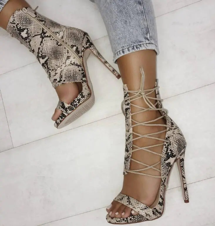 Lace-Up Sandals with Cutout High Heels and Snakeskin