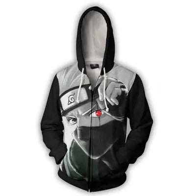 Hooded Naruto print sweatshirt featuring a black and white design with iconic anime character details.