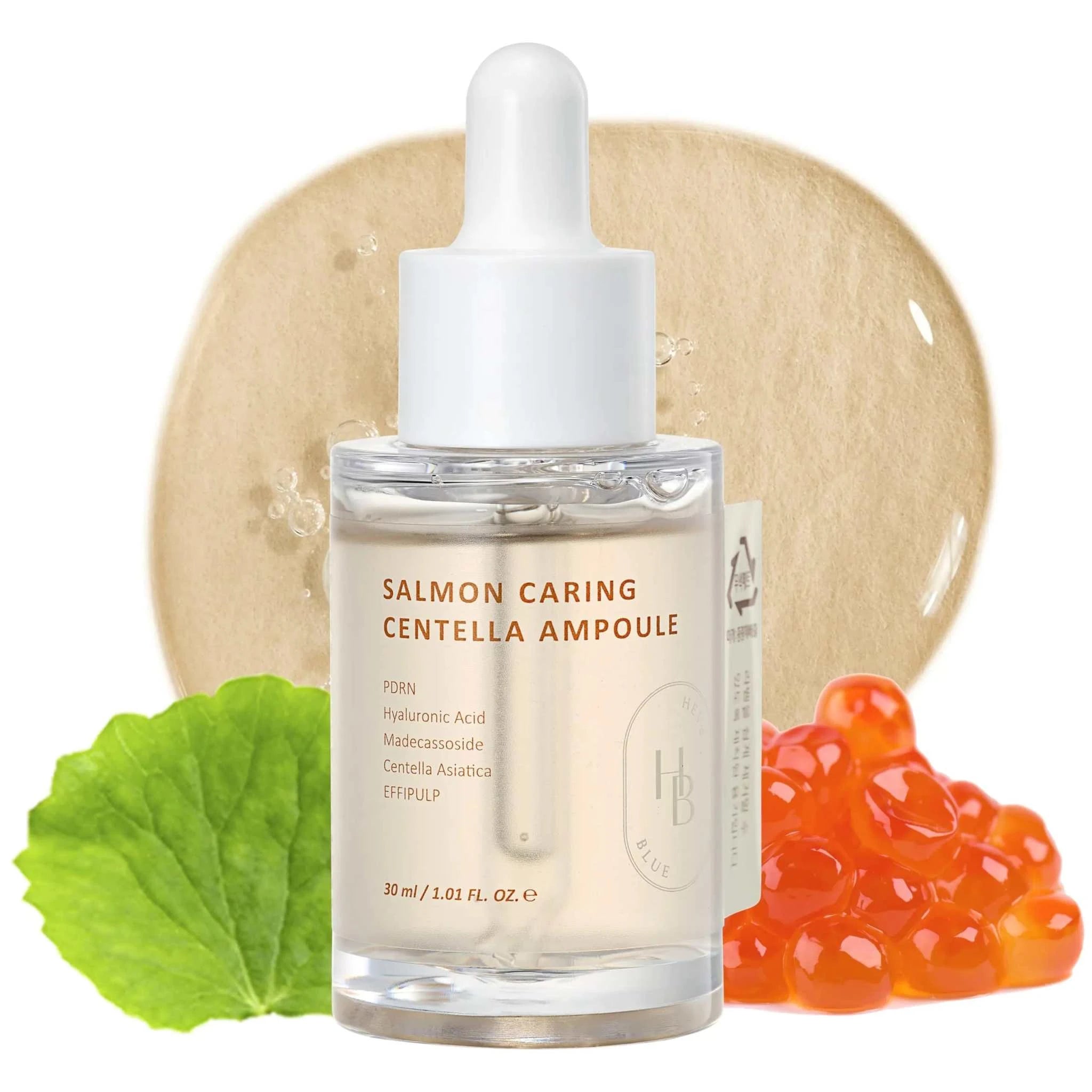 HEVEBLUE Salmon Caring Centella Ampoule - Salmon PDRN Salmon Egg Extract Centella Madecassoside Calming Soothing Restore and Rejuvenate Damaged Skin Low Irritation Korean Skincare Mbshop