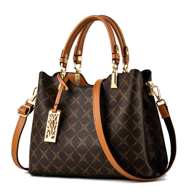 Elegant brown shoulder bag with dual handles and decorative charm, perfect for everyday fashion and style.