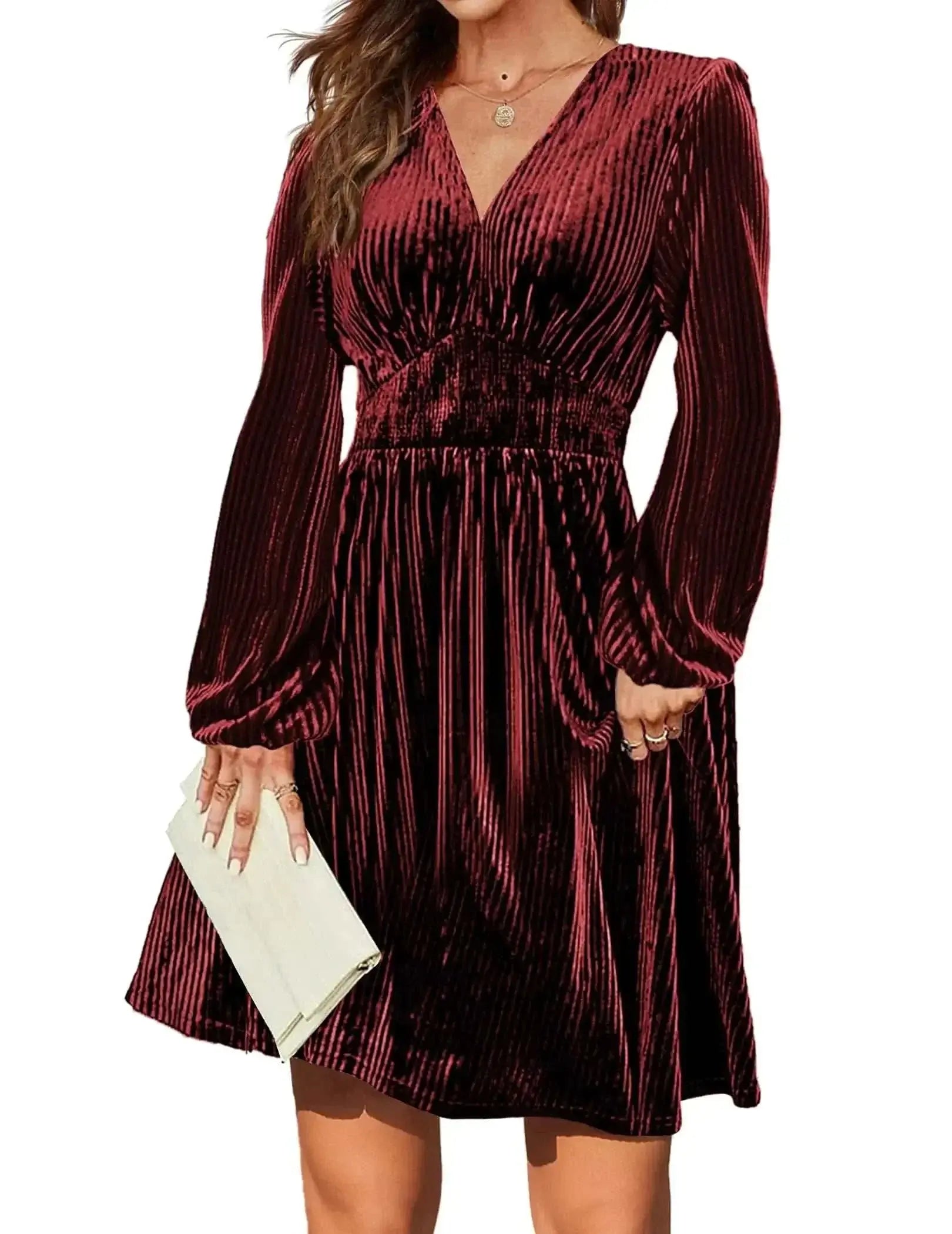 Zeagoo velvet wrap dress in wine red with V-neck and smocked waist.
