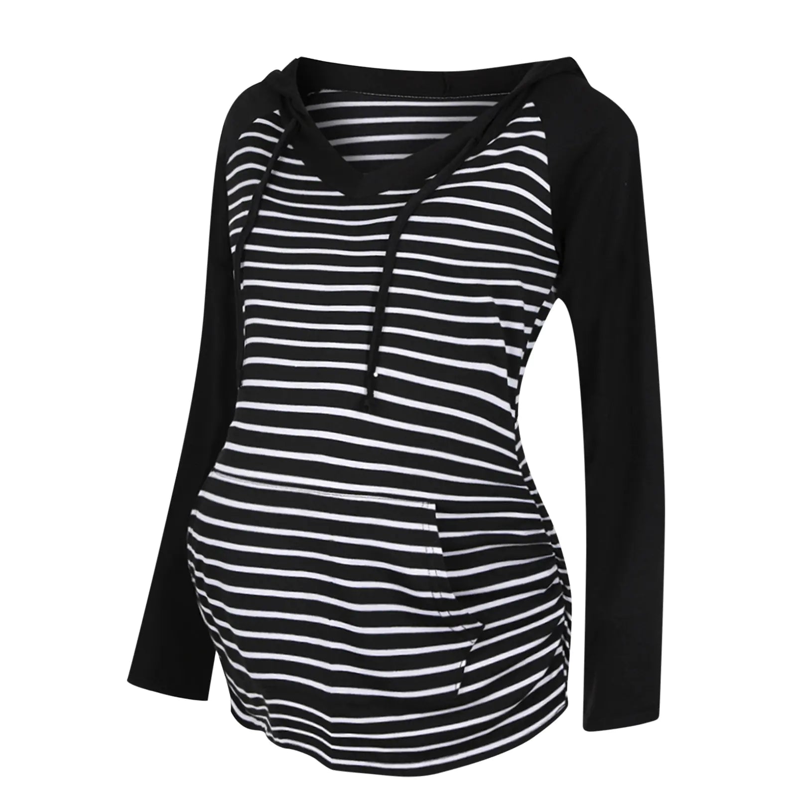 Color-blocking long-sleeved hooded nursing jacket with black and white stripes, designed for modern mothers.