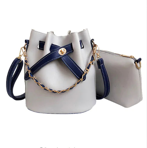 Autumn new versatile women's butterfly chain nylon bag in gray with navy accents and small pouch.