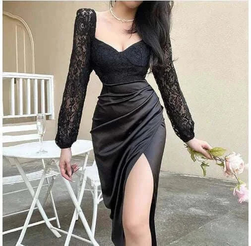 Black Slim Fit Sexy Lace V-Neck Split Dress Mbshop