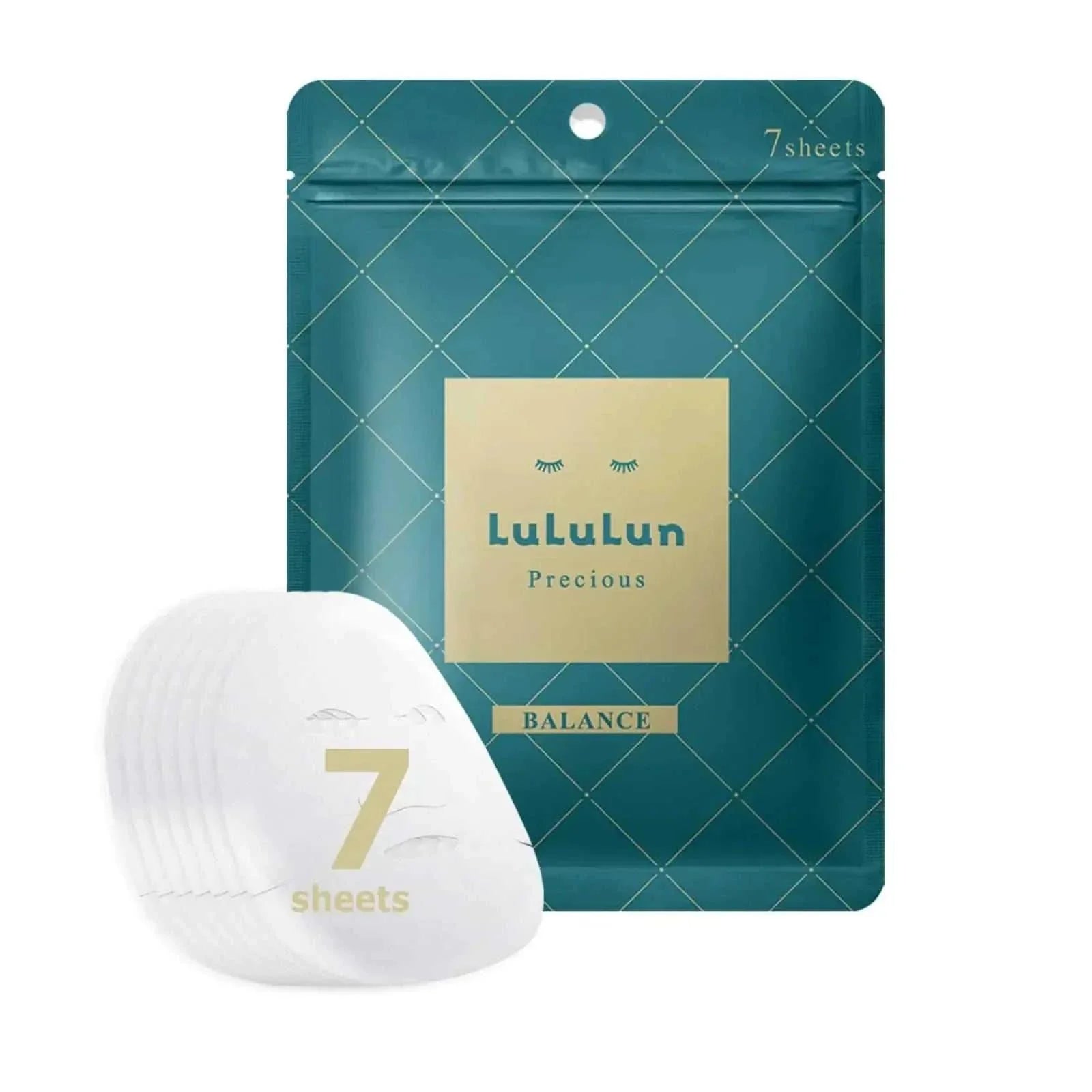 Japanese organic face mask sheet pack, Lululun Precious Green, 7 pieces, hydrating and anti-aging skincare.