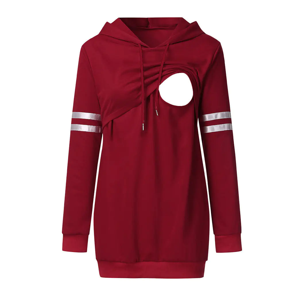Color-blocking long-sleeved hooded nursing jacket in red with stylish cutout and silver stripes.