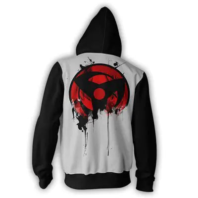Hooded sweatshirt featuring a red Naruto-inspired symbol graphic on the back, stylish and comfortable for anime fans.
