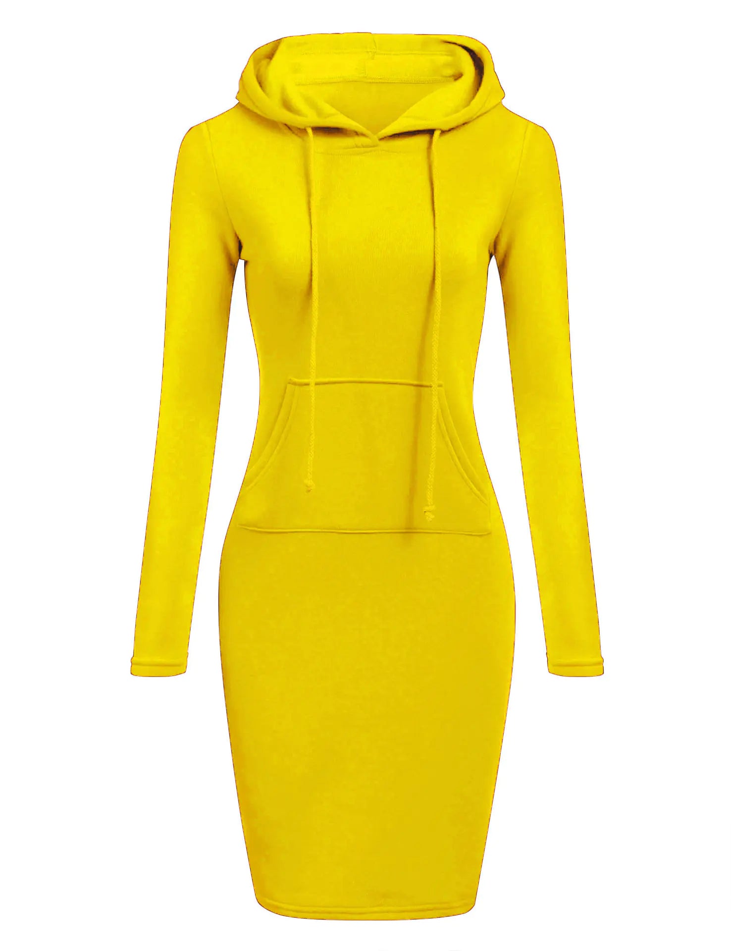 Bright yellow women's hoodie dress with long sleeves and front pockets.