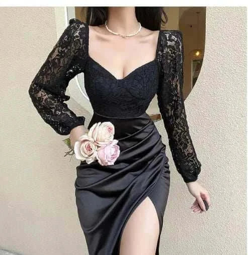 Black Slim Fit Sexy Lace V-Neck Split Dress Mbshop
