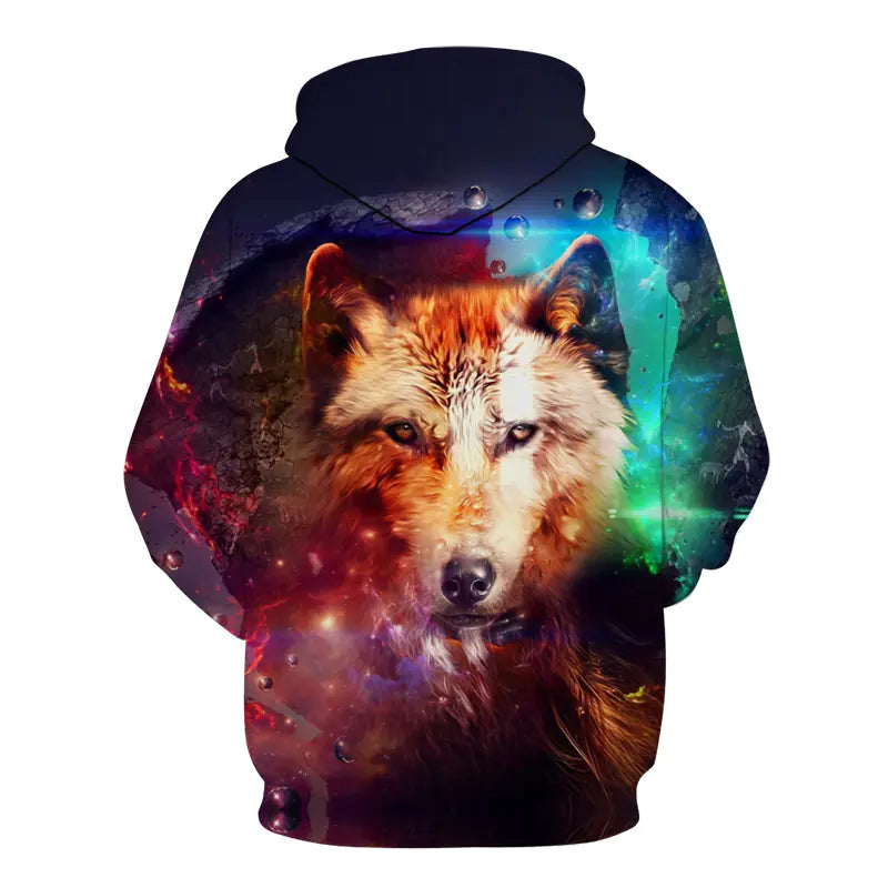 3D printed loose fit hoodie featuring a vibrant wolf design, ideal for casual comfort and stylish outings.