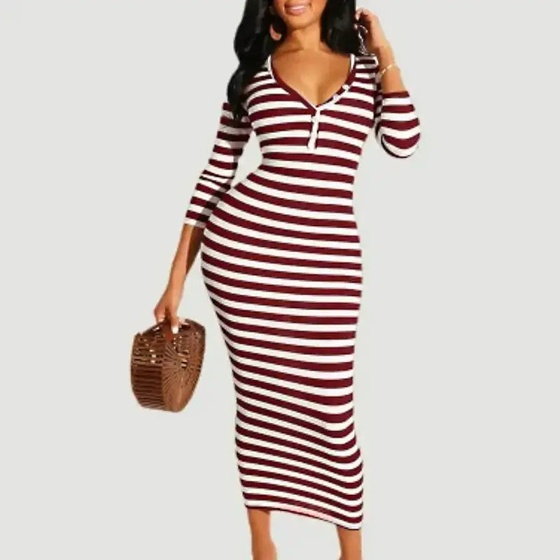 Sexy striped midi bodycon dress for women in autumn and winter by Glamaker.