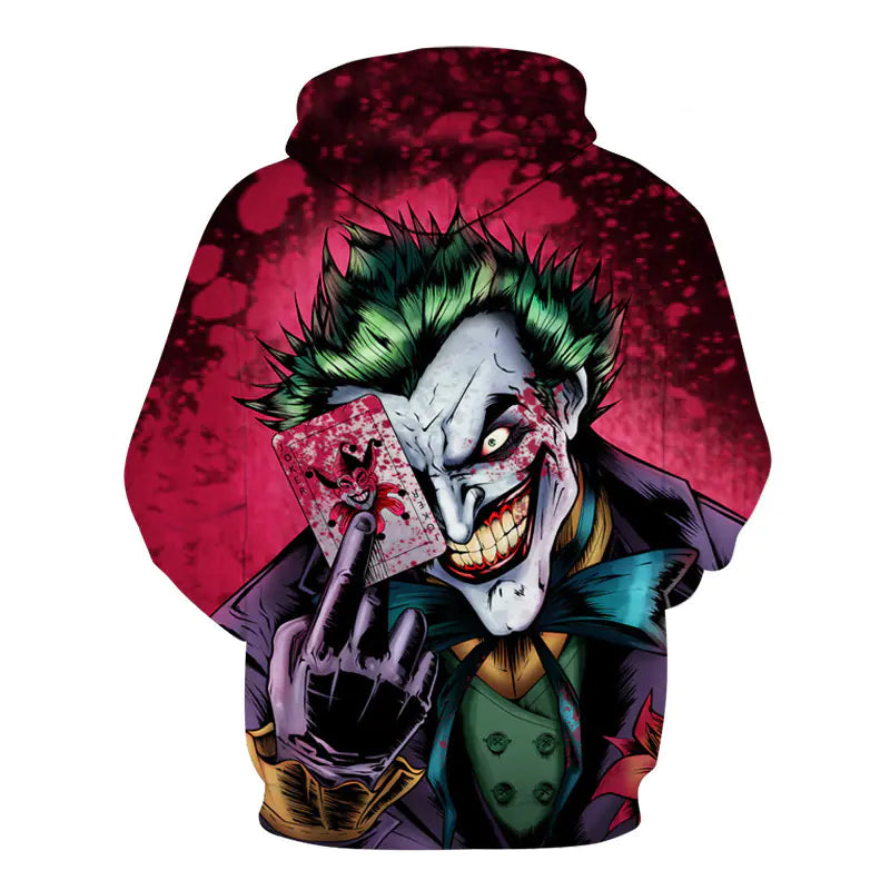 3D printed loose fit hoodie featuring vibrant Joker design with bold colors and playful graphic, ideal for casual wear.