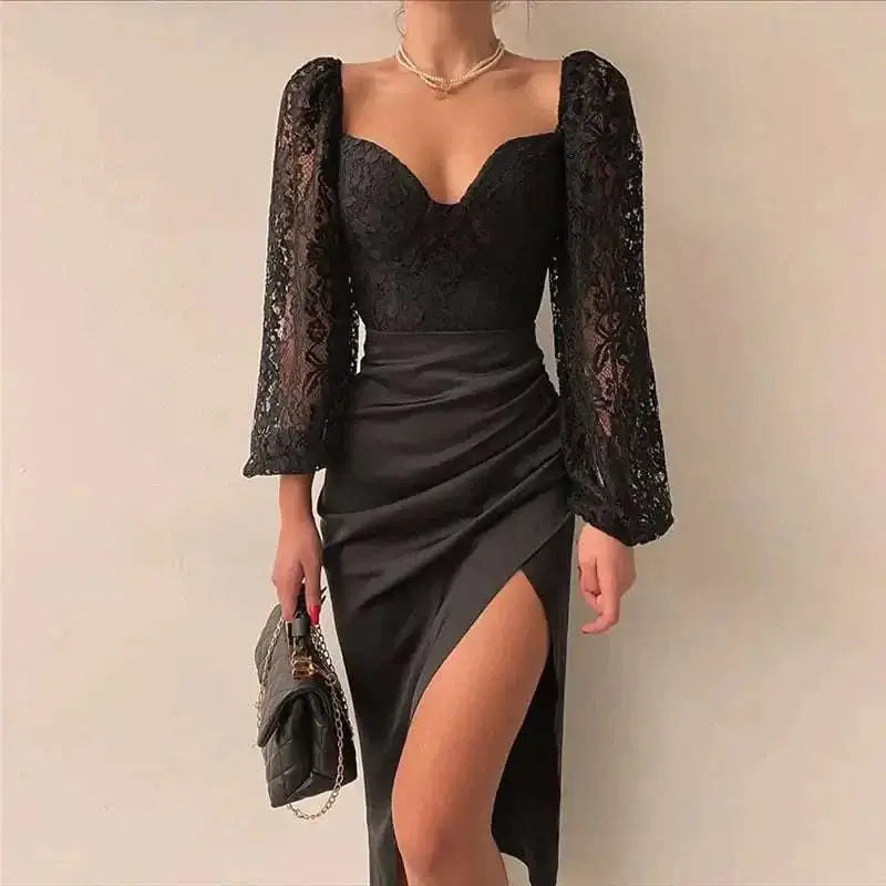 Black Slim Fit Sexy Lace V-Neck Split Dress Mbshop
