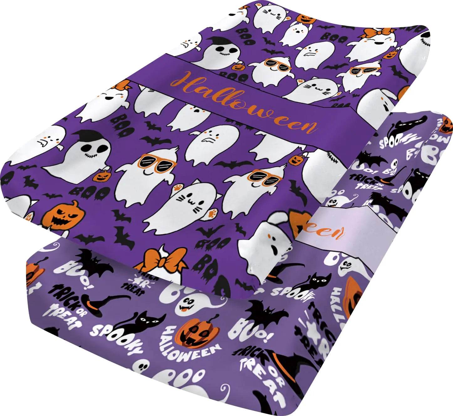 KAINSY Personalized Halloween Changing Pad Cover Custom Diaper Change Table Sheets with Name Purple Ghost Print Soft Jersey Knit Change Table Sheets 2 Pack Changing Pad Covers (16" x 32")