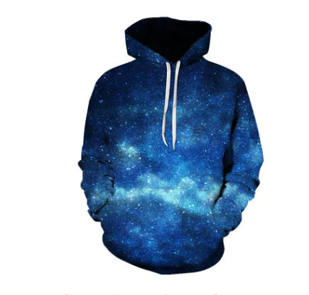 3D printed loose fit hoodie with a starry galaxy design for stylish comfort and casual wear.