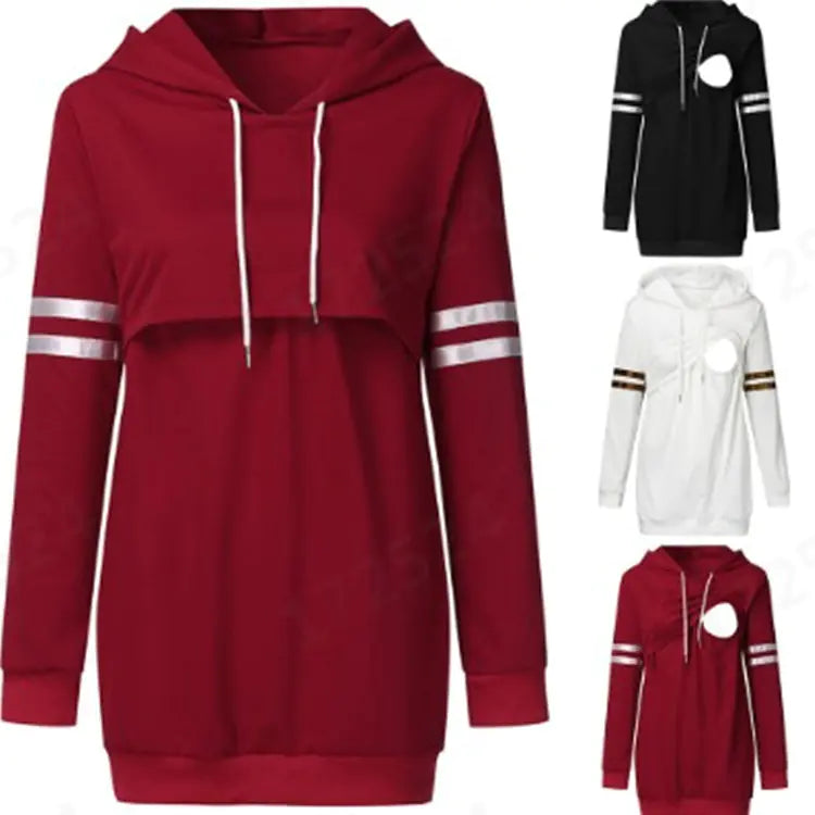 Color-blocking long-sleeved hooded nursing jacket in red, black, and white options, ideal for autumn and winter.