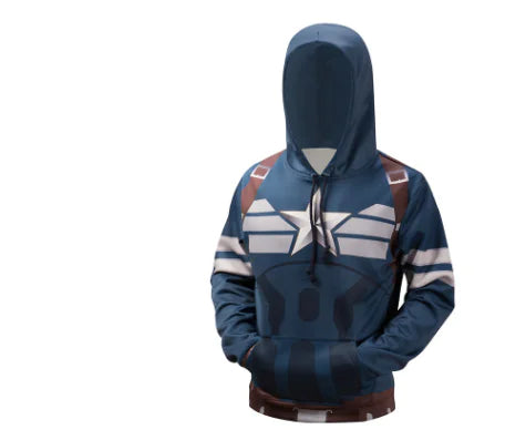3D printed loose fit hoodie with hood featuring a stylish superhero design and zip placket, perfect for casual wear.