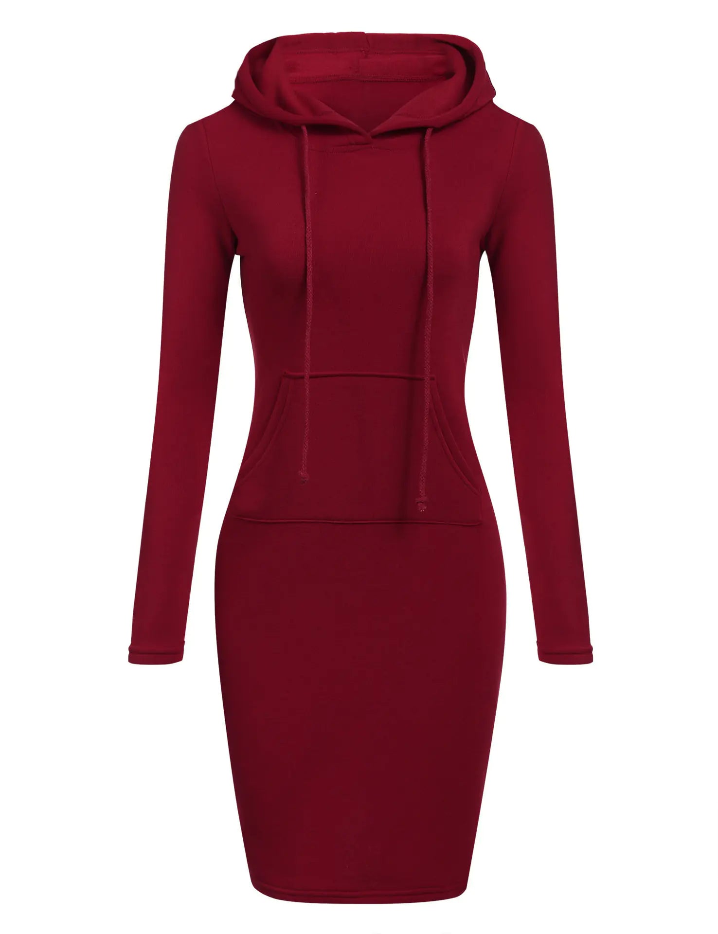 Autumn winter women's hoodie dress in burgundy with pockets and drawstrings, perfect for casual style.