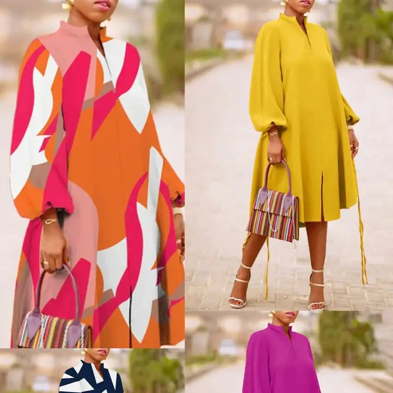 V-neck Long Sleeve Dress with Lantern Sleeves