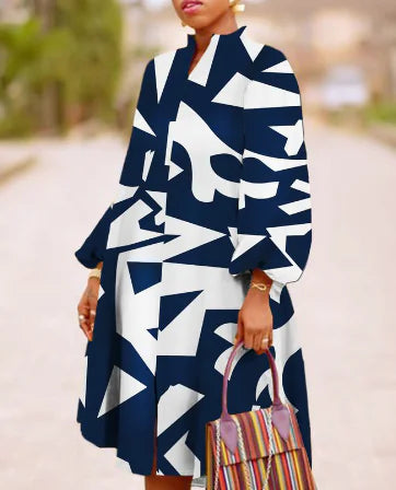 V-neck Long Sleeve Dress with Lantern Sleeves