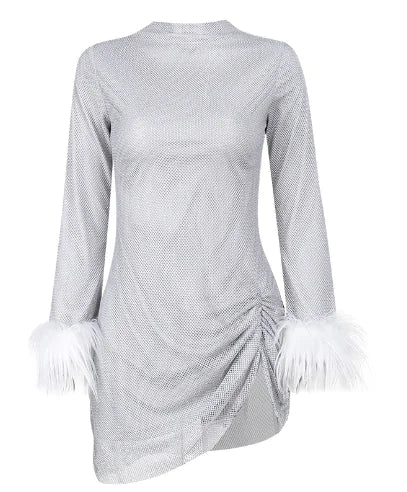 Slim-fit Shiny Mesh Dress with Fur Cuffs for Women