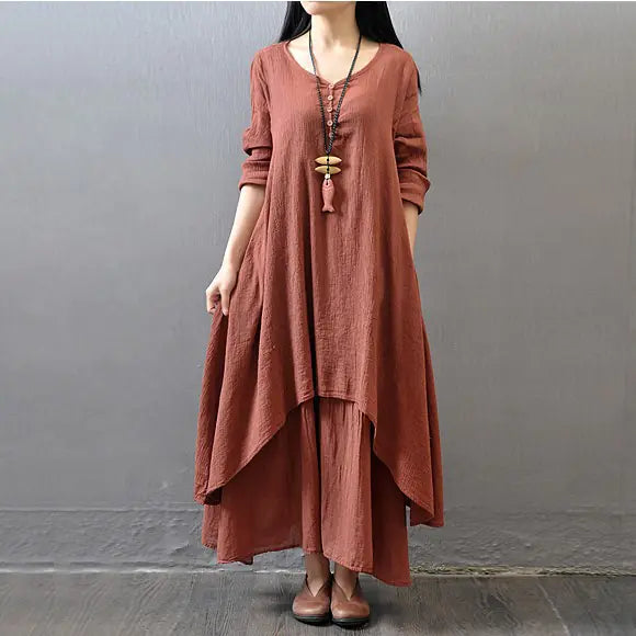 Spring autumn two-piece long dress in rust color with loose sleeves and layered design, perfect for casual outings.